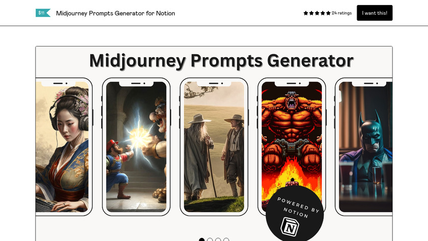 Midjourney Prompts Generator for Notion Landing Page