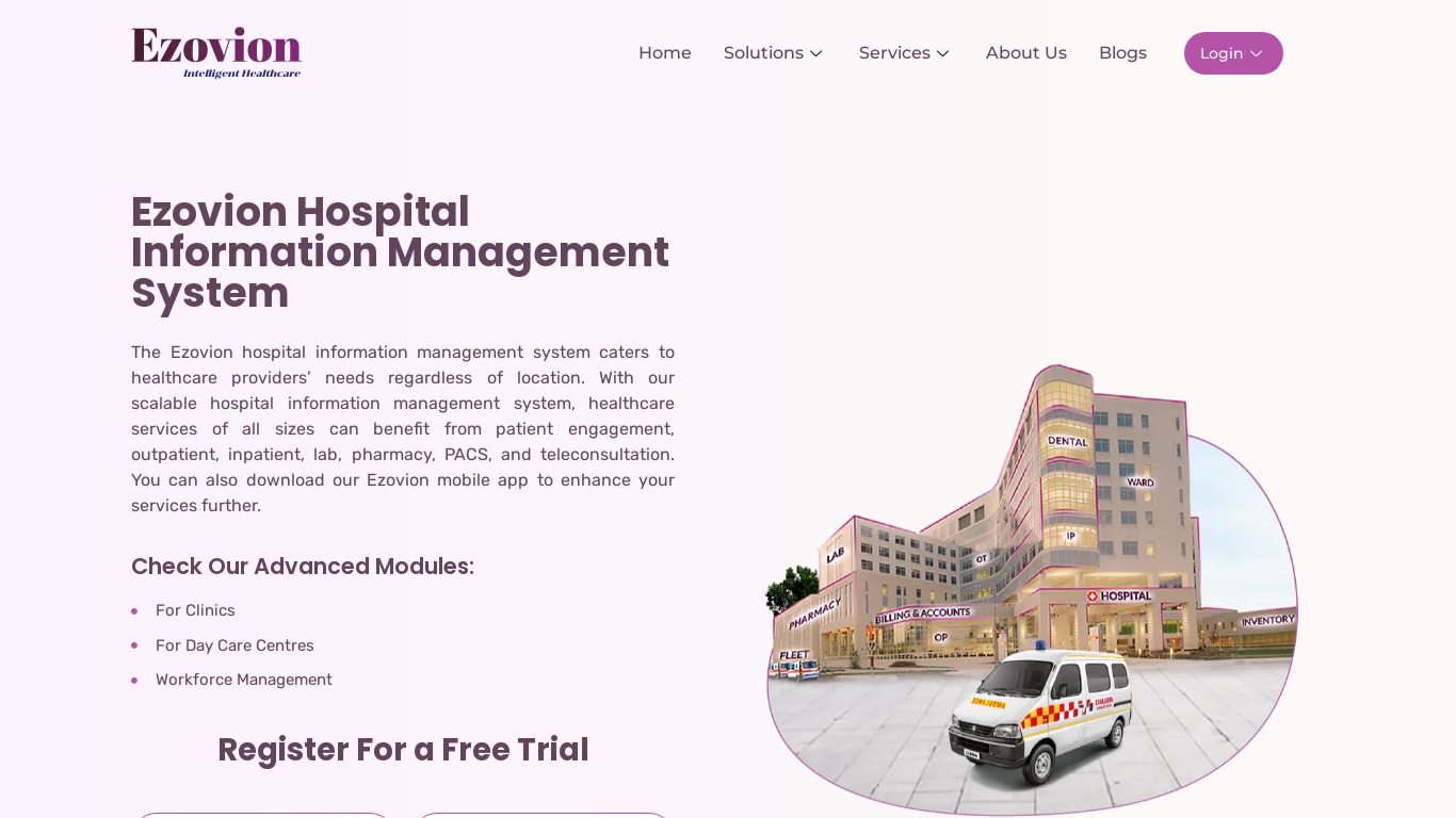 Ezovion Hospital Management Landing page
