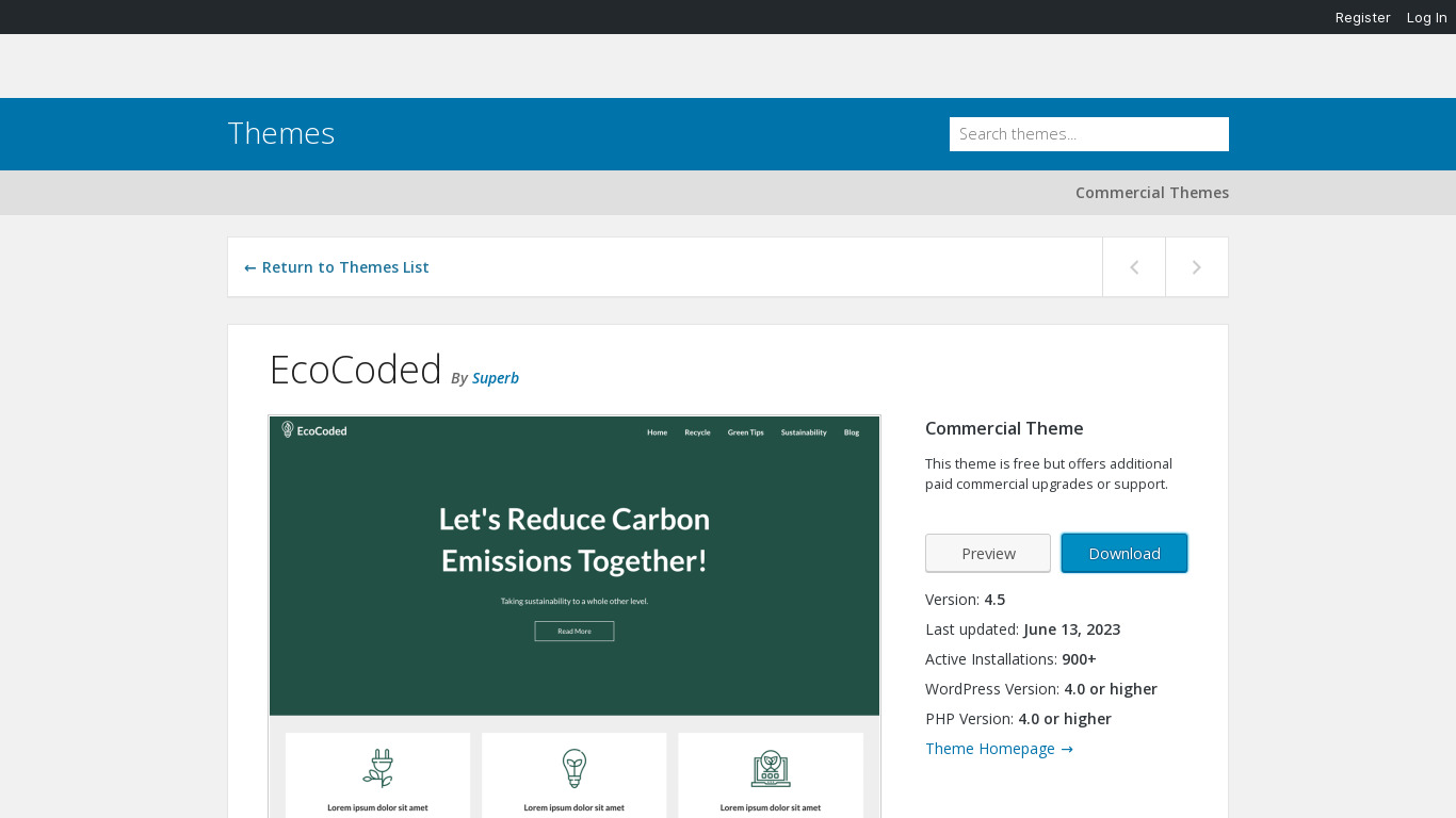 EcoCoded WordPress Theme Landing page