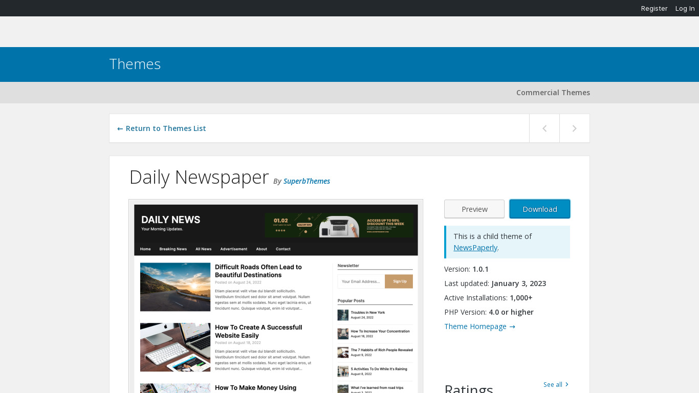 Daily Newspaper WordPress Theme Landing page