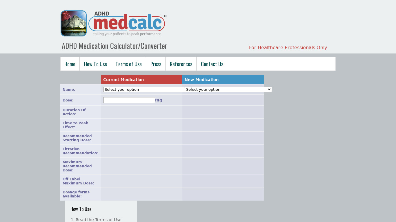 ADHD Medication Calculator Landing page