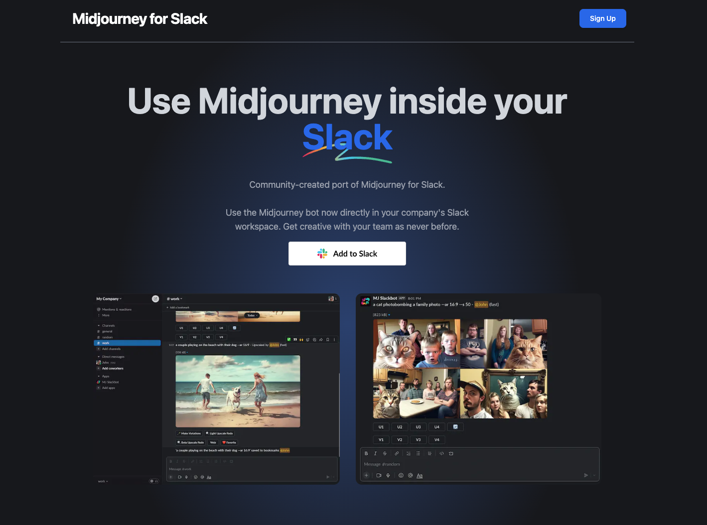 Midjourney for Slack Landing page