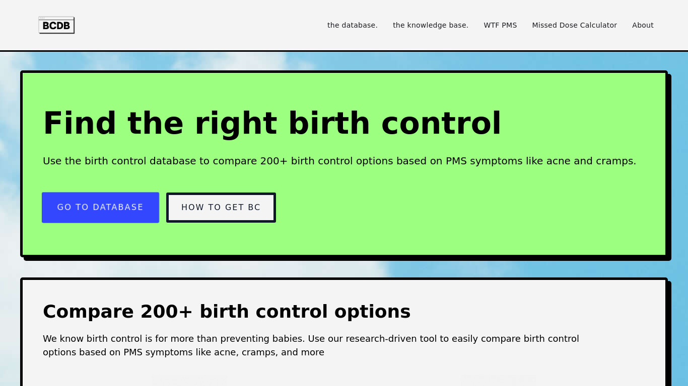 The Birth Control Database Landing page