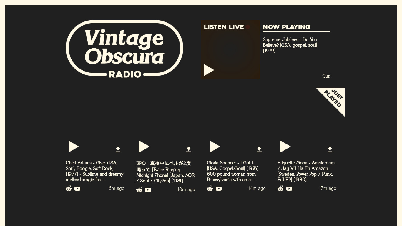 Vintage Obscura Radio Landing page