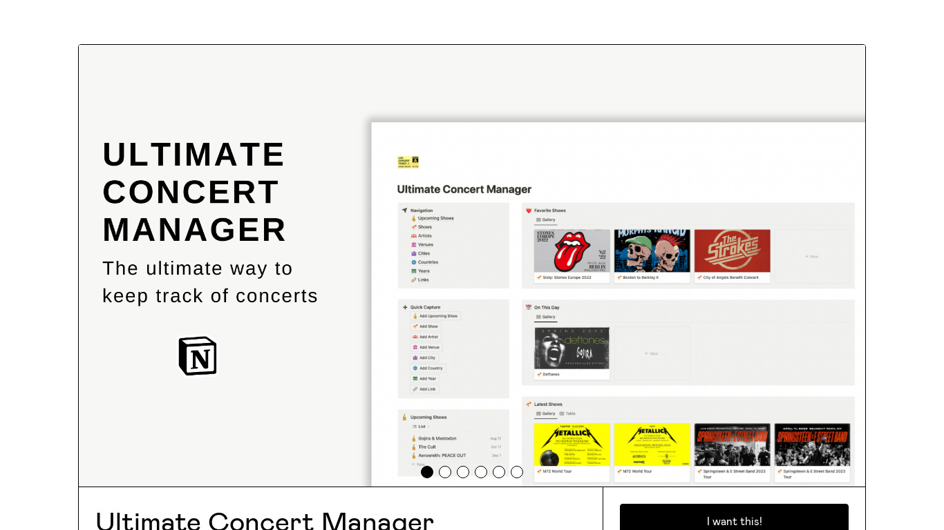 Ultimate Concert Manager Landing page
