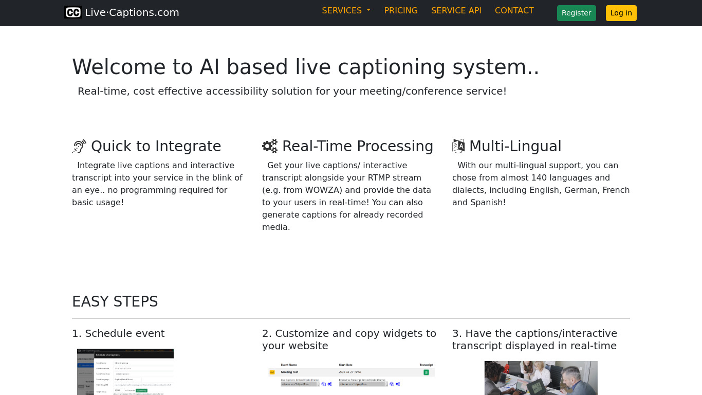 AI based live captioning system Landing page