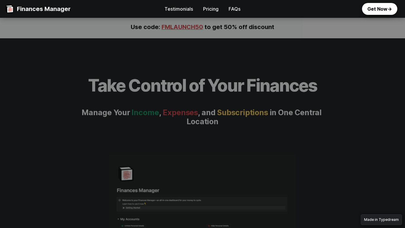 Notion Finances Manager Landing page