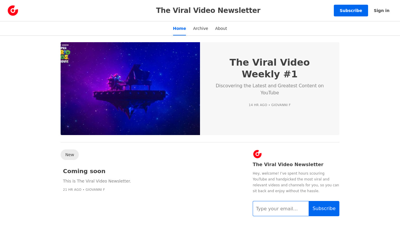 The Viral Video Newsletter Landing page