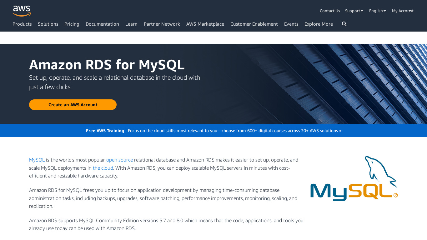 Amazon RDS for MySQL Landing page