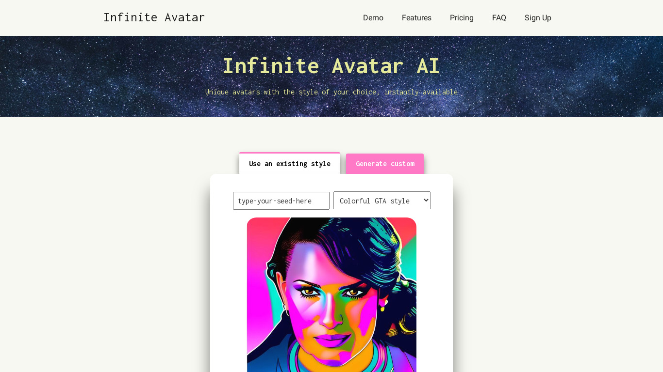 Infinite Avatar Landing page