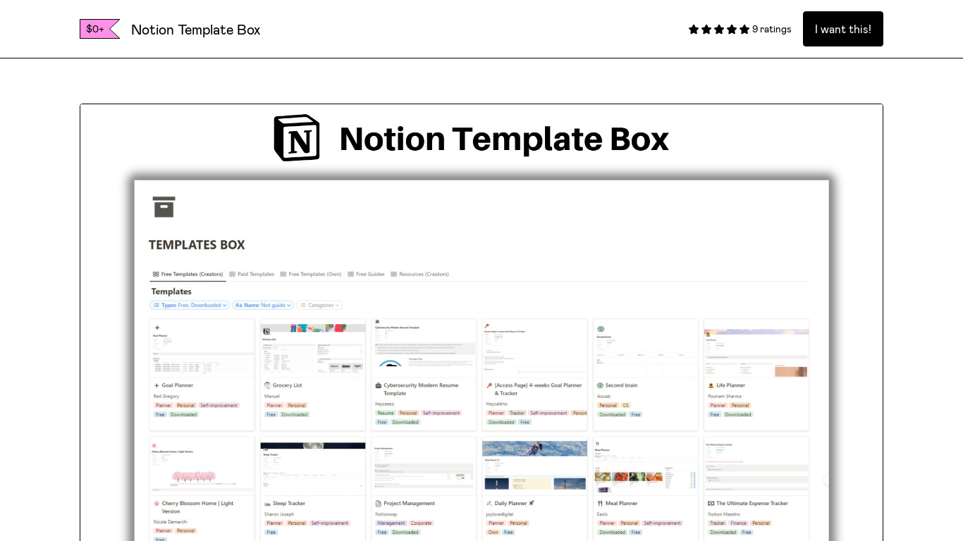 Notion Template Box Landing page