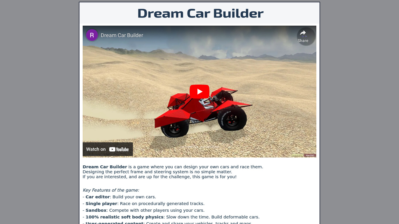 Dream Car Builder Landing page