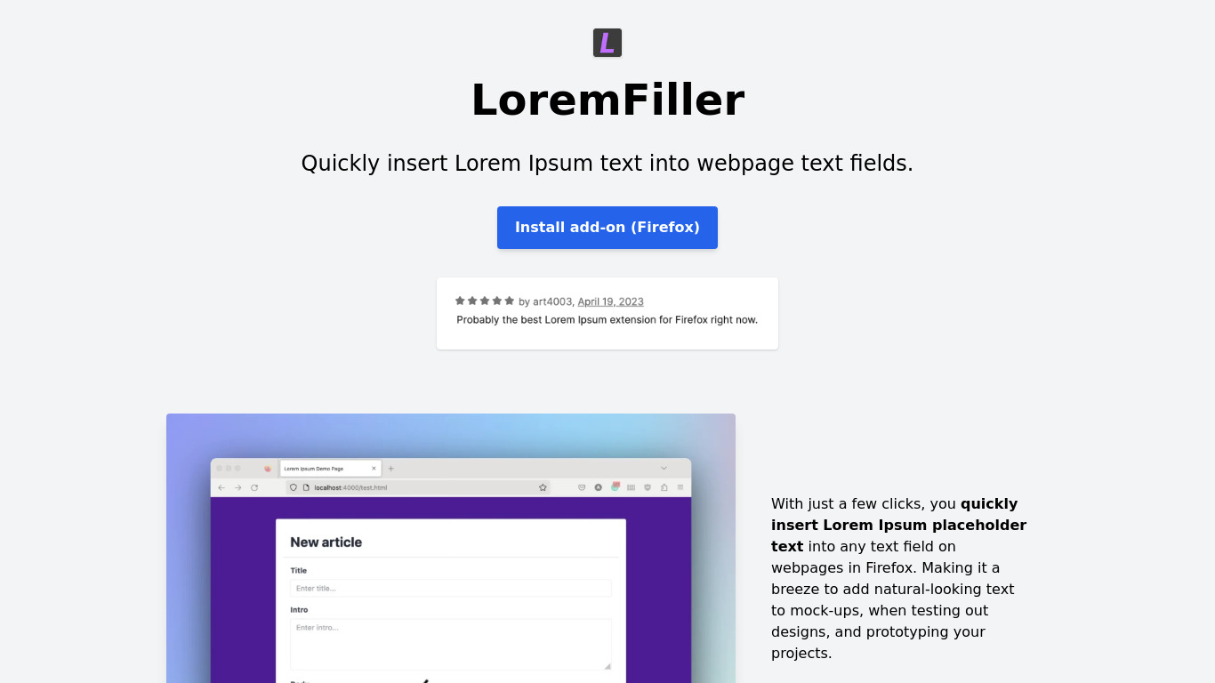 LoremFiller Landing page