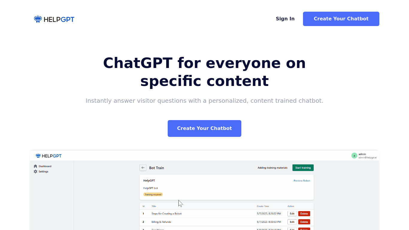 HelpGPT Landing page