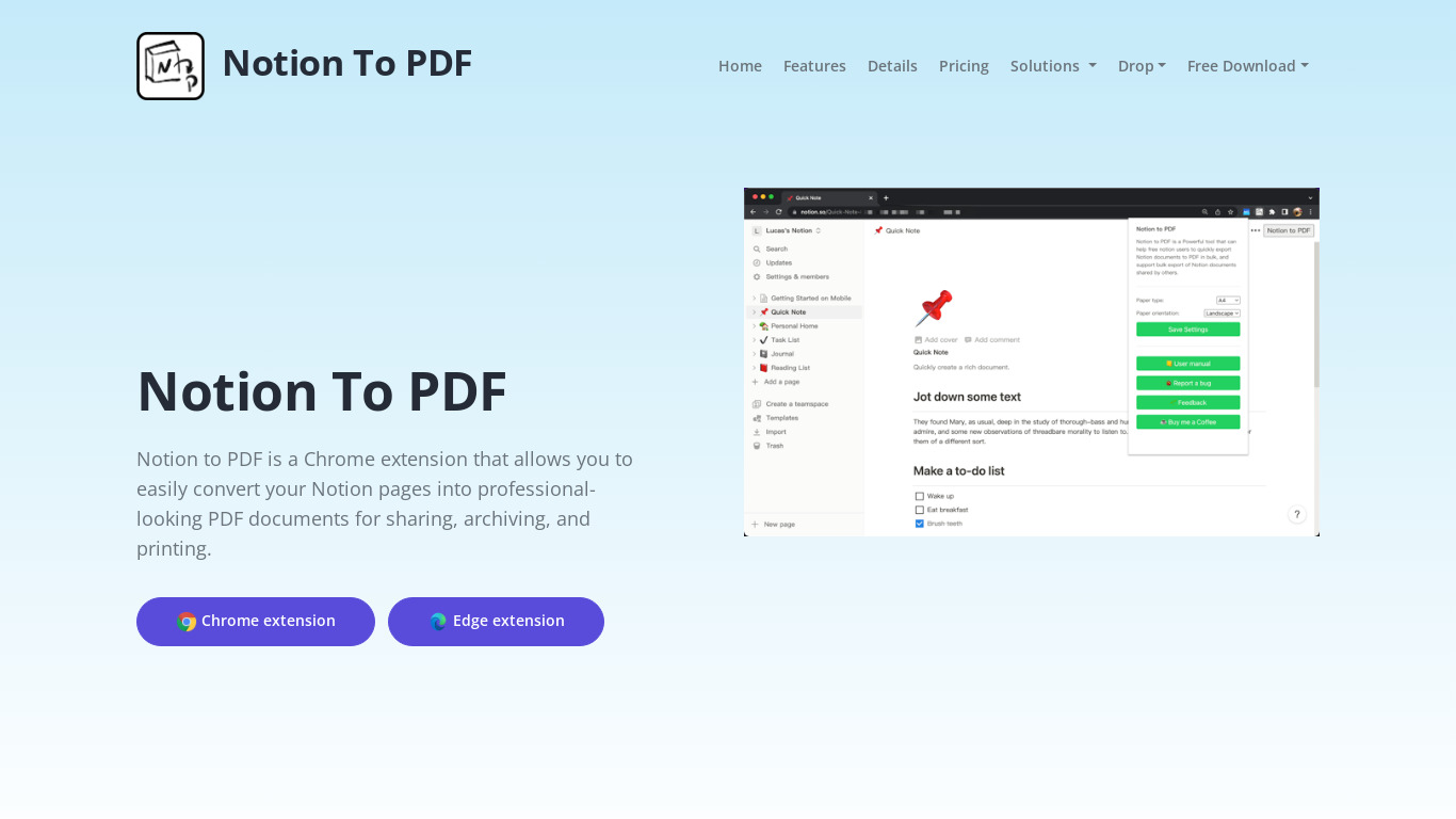 Notion to PDF Landing page