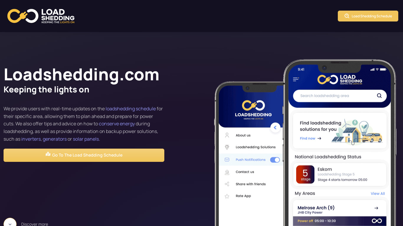 Load Shedding Landing page