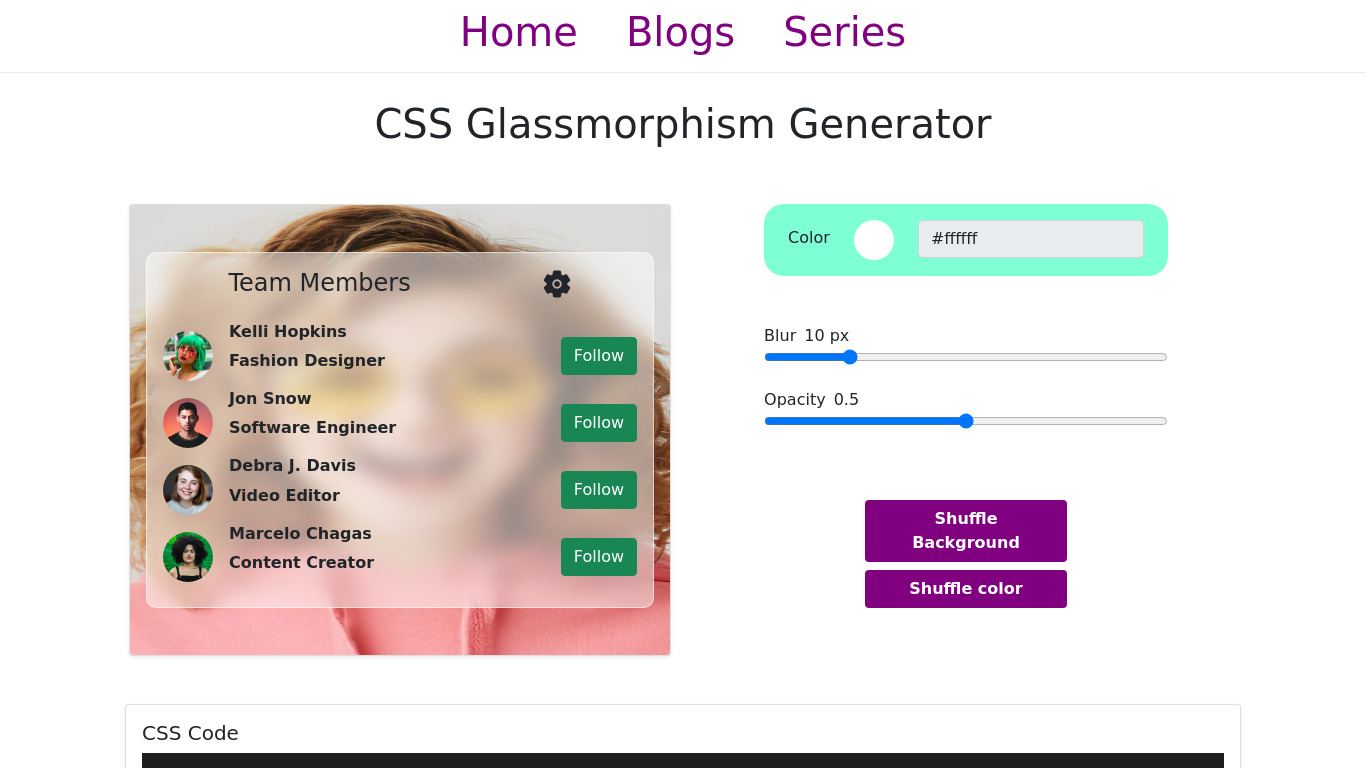 Democoding CSS Glassmorphism Generator Landing page