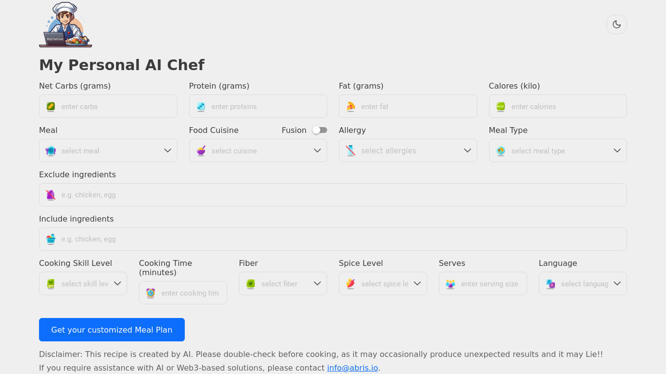 My AI Chef Landing page