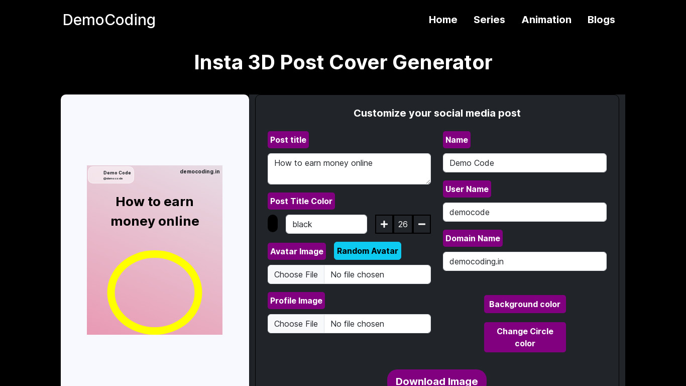 Democoding Instagram 3D Post Generator Landing page