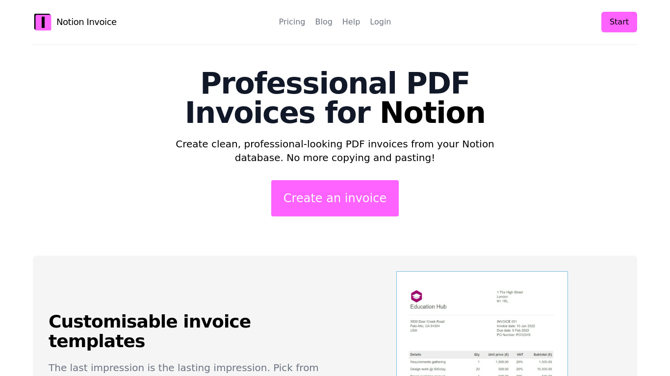 Notion Invoice Landing page