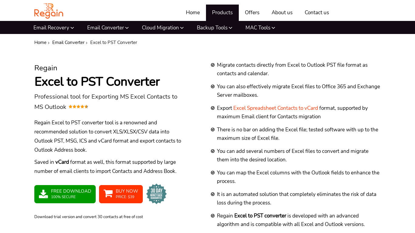 Regain Excel to PST Converter Landing page