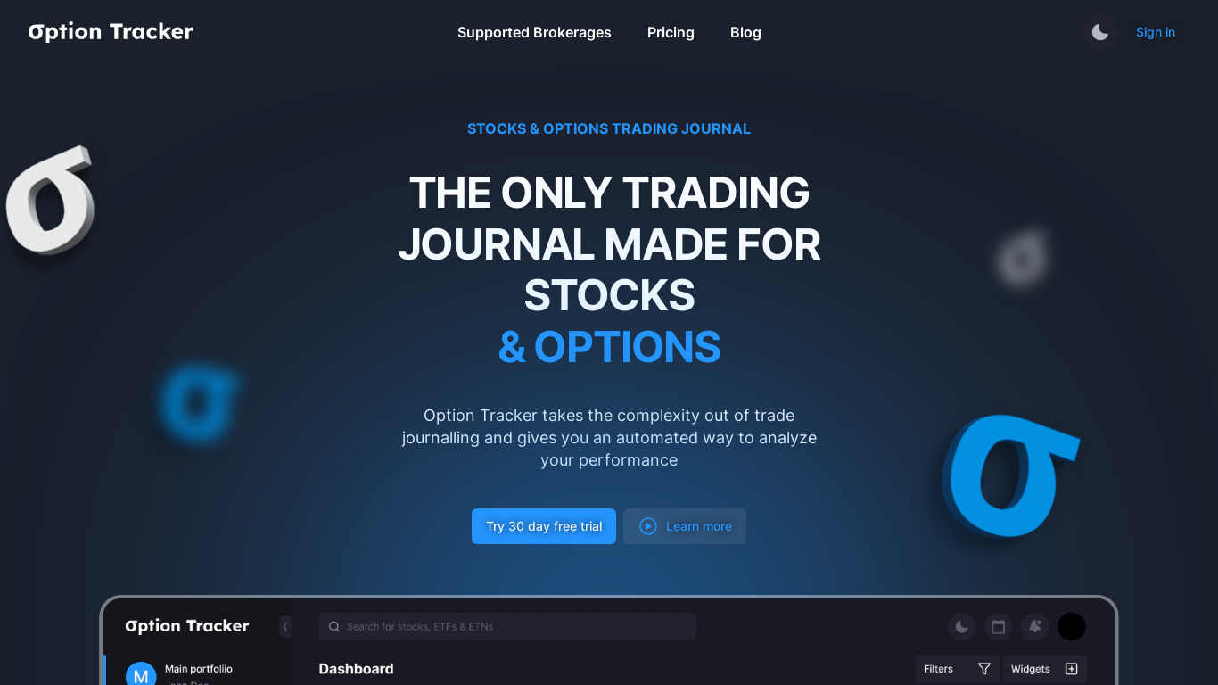 Option Tracker Landing page