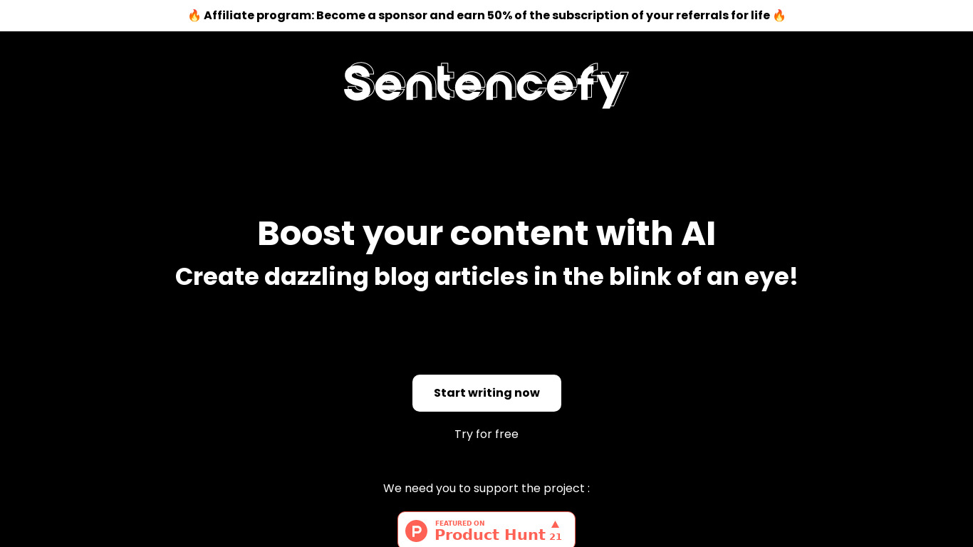 Sentencefy Landing page