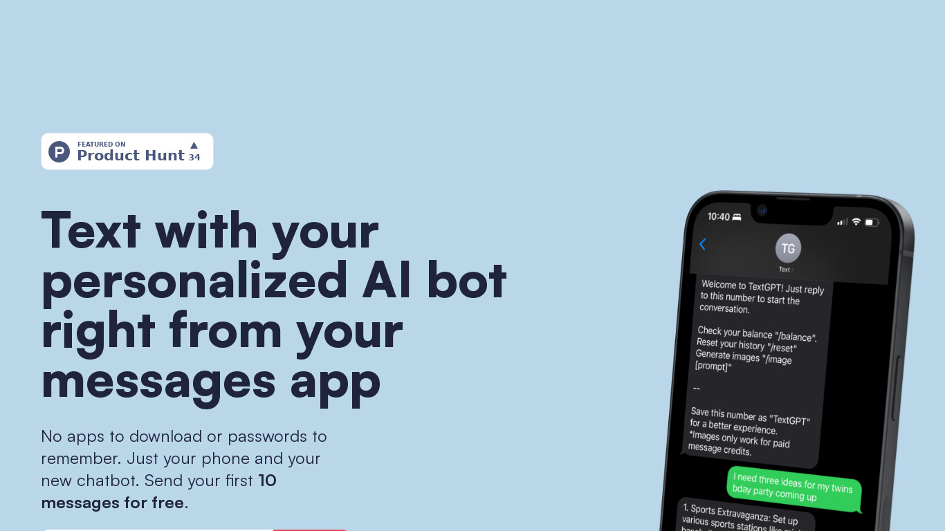 AI Chat SMS Landing page