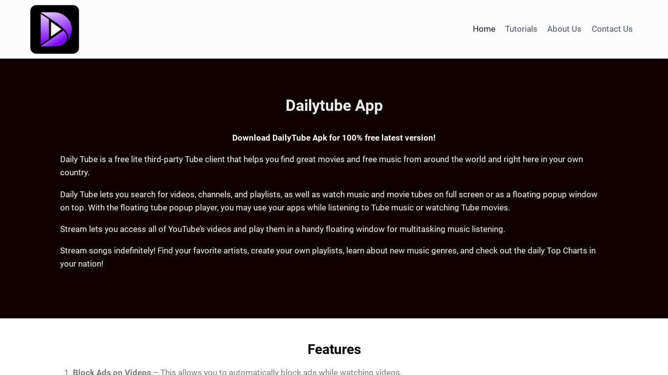 DailyTube App Landing page