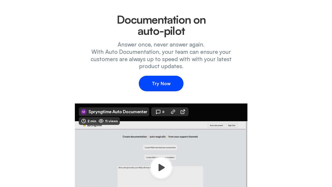 Spryngtime Auto-documenter Landing page