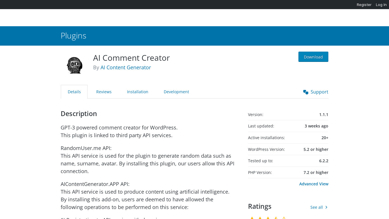 AI Comment Creator for Wordpress Landing page