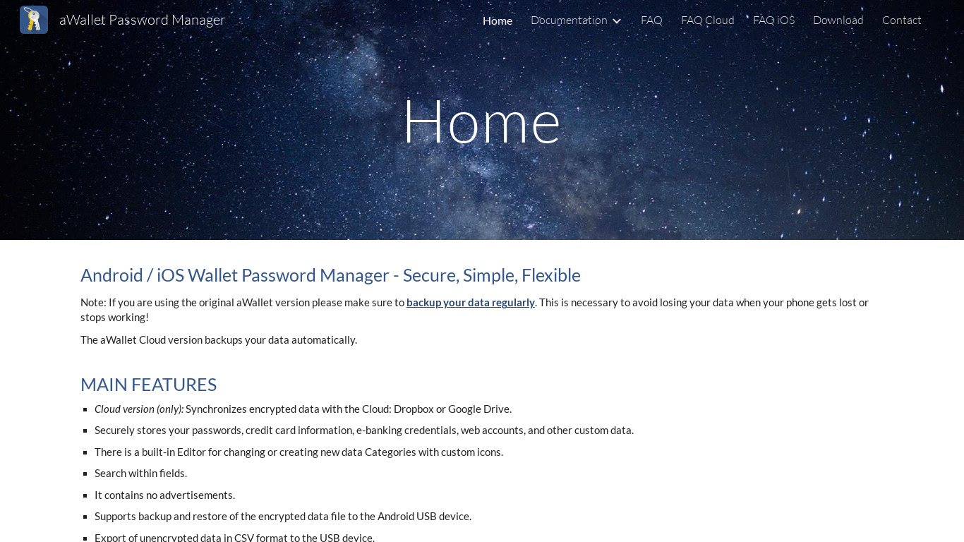 aWallet Password Manager Landing page