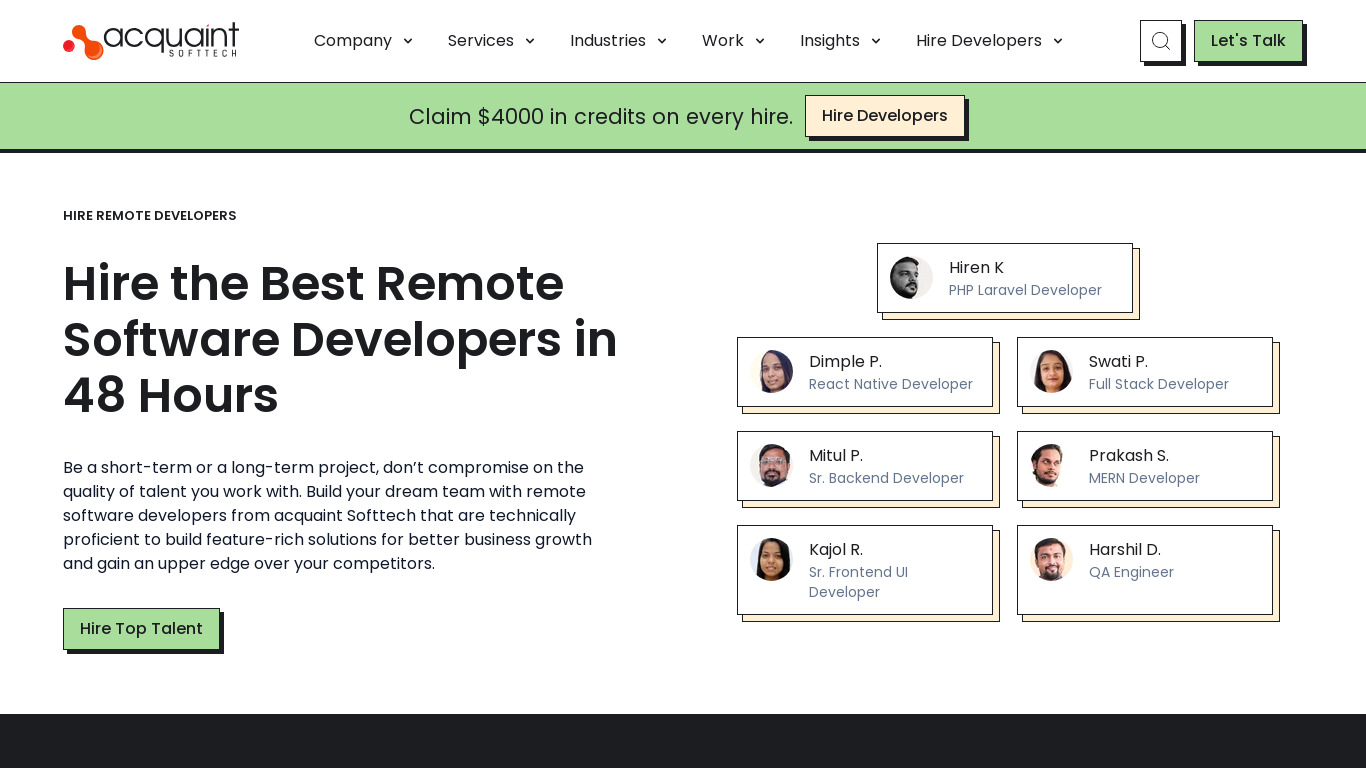 Hire Remote Developers Landing page