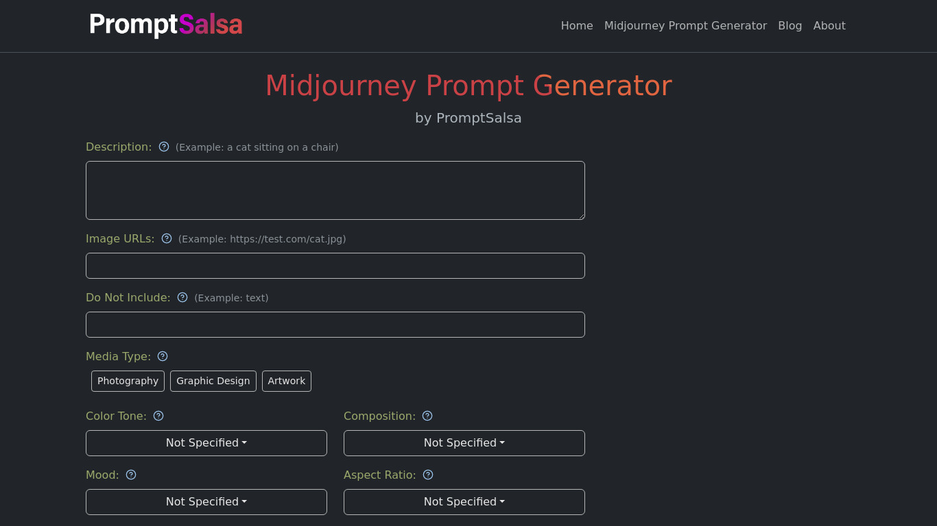 Midjourney Prompt Generator Landing page