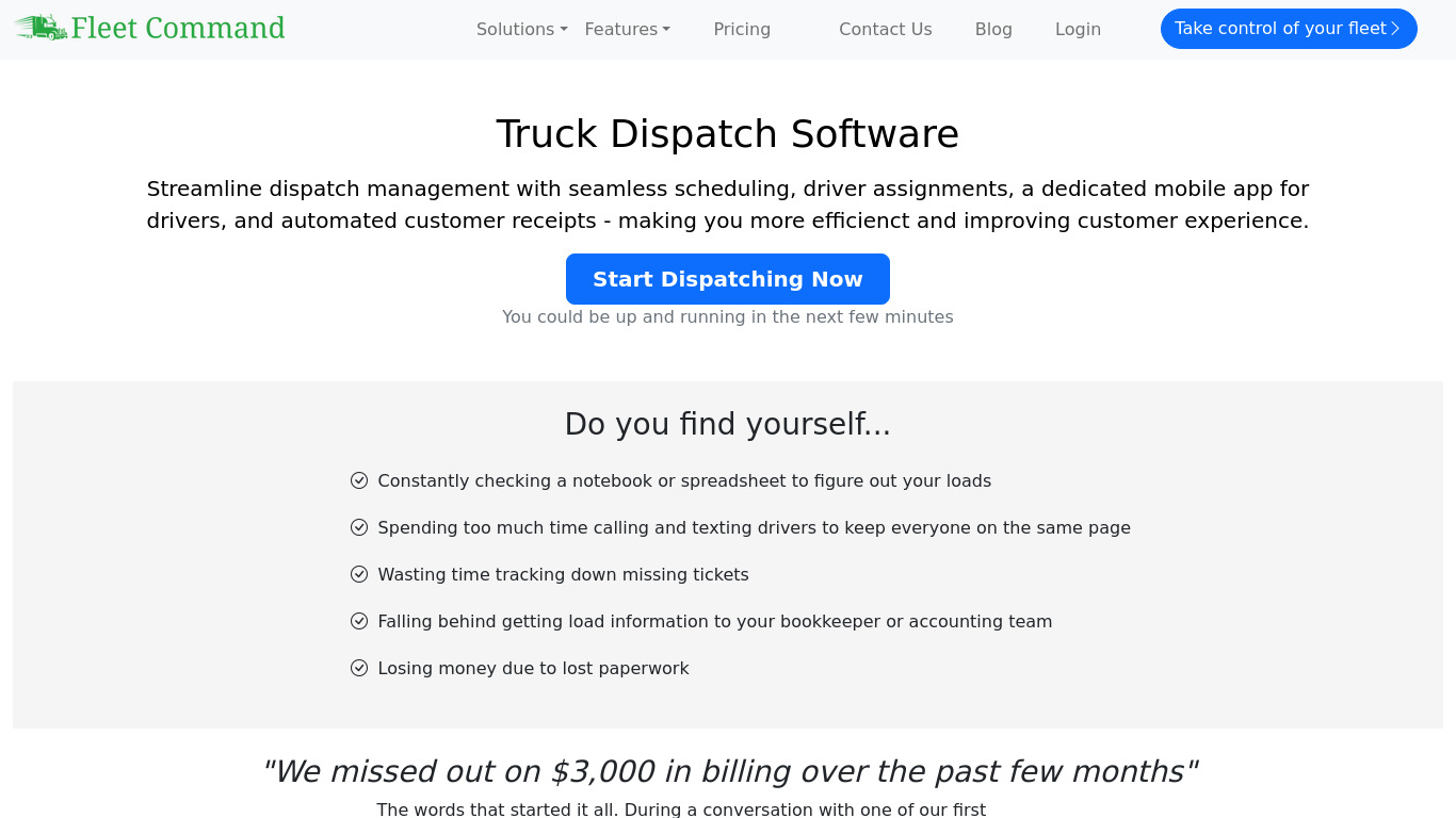 Fleet Command Dispatch Landing page