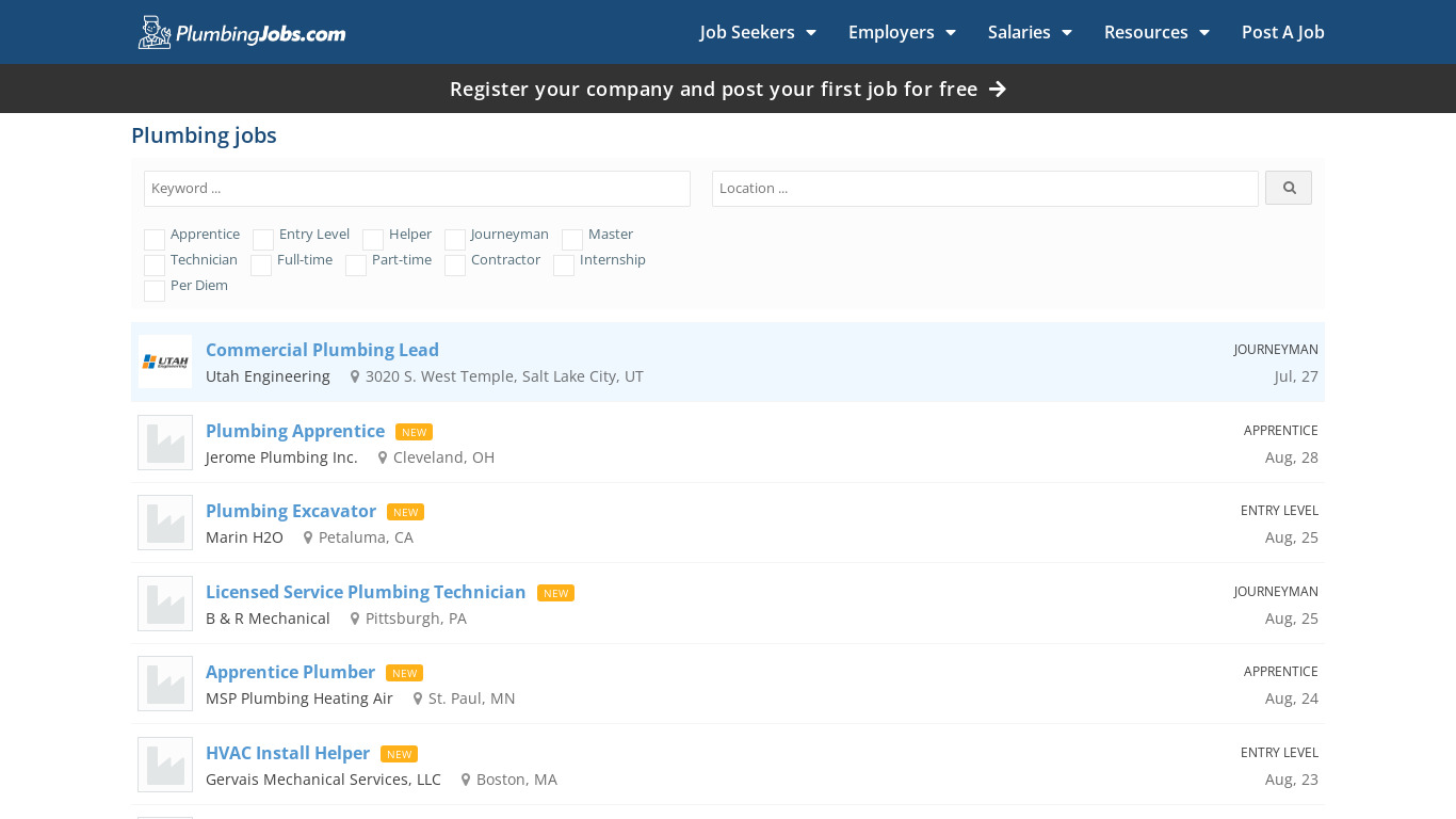 PlumbingJobs.com Landing page