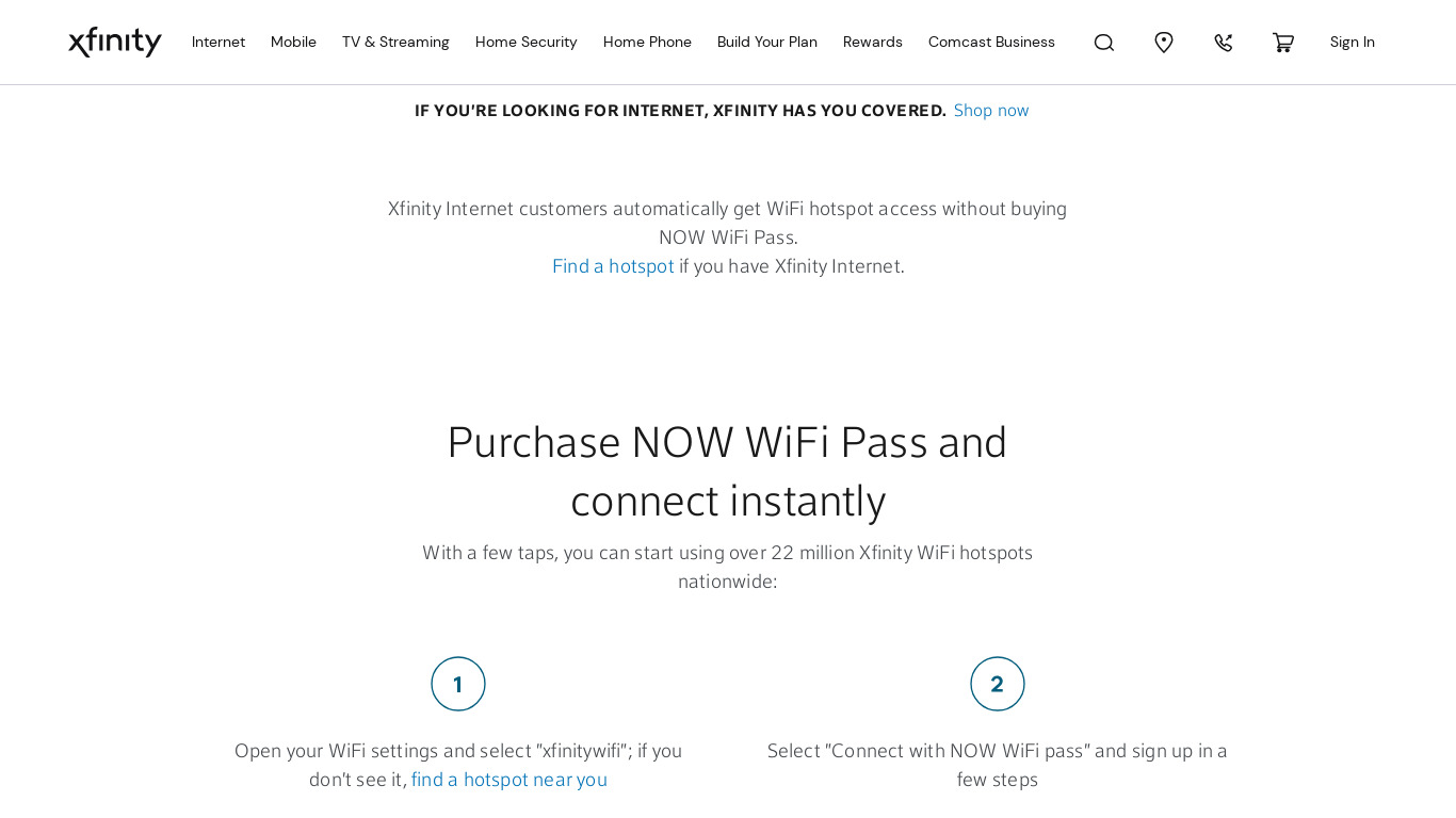 Xfinity WiFi Hotspots Landing page