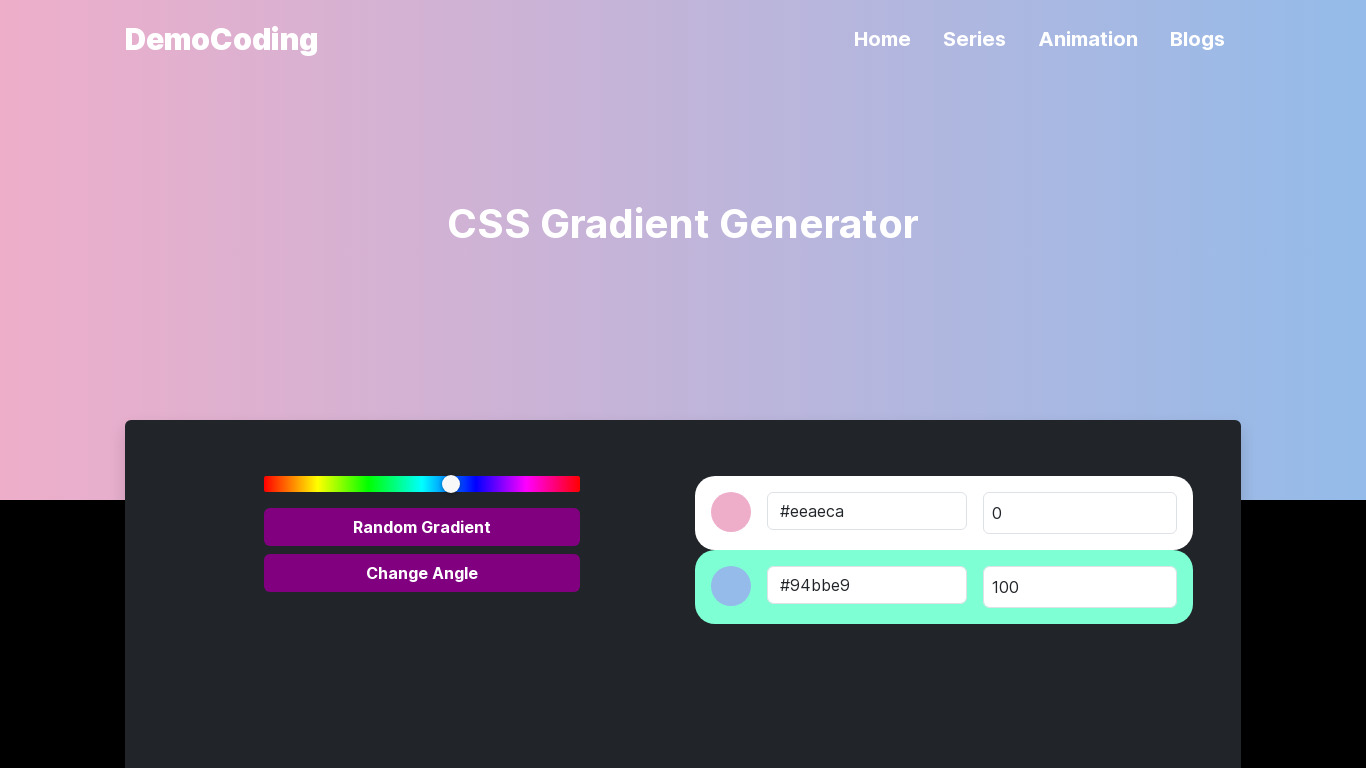 Democoding CSS Gradient Generator Landing page