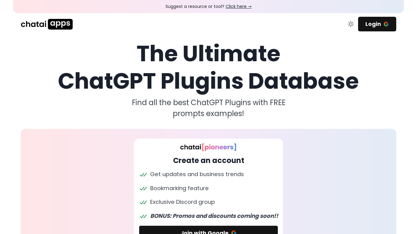 The Ultimate ChatGPT Plugins Database Landing page