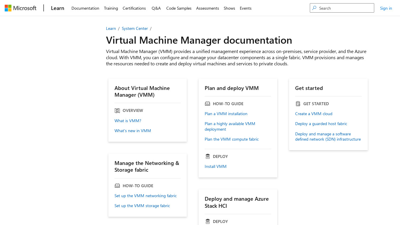 System Center Virtual Machine Manager Landing page