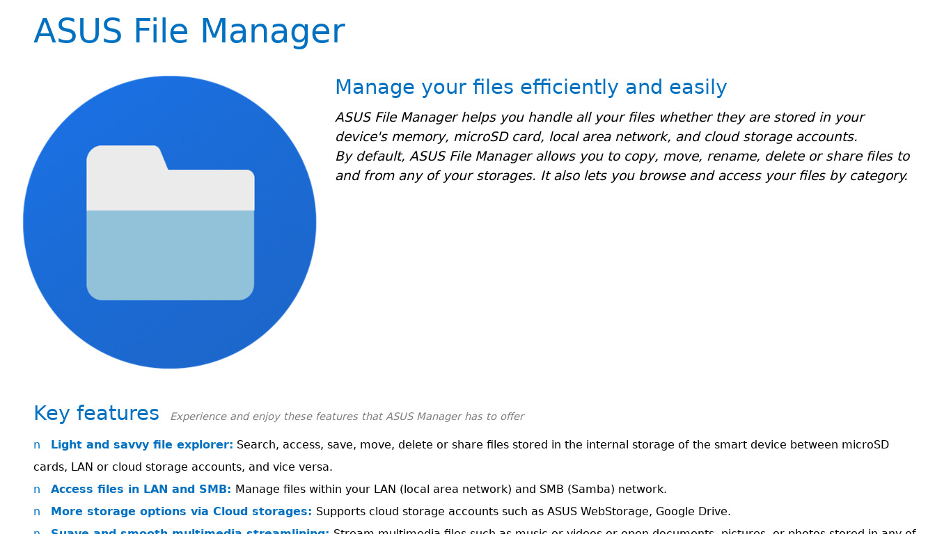 ASUS File Manager Landing page
