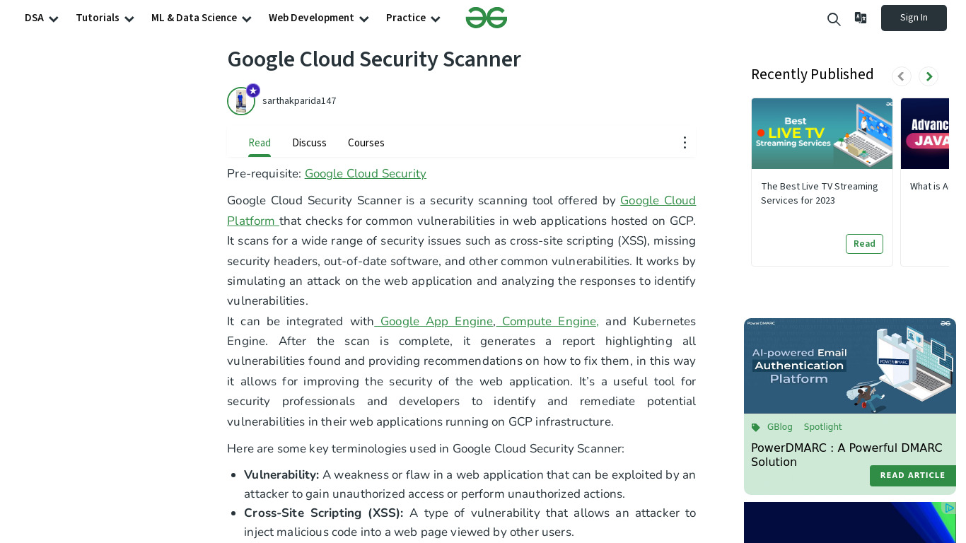 Google Cloud Security Scanner Landing page