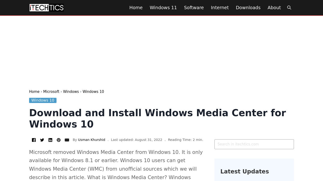Windows Media Center Landing page