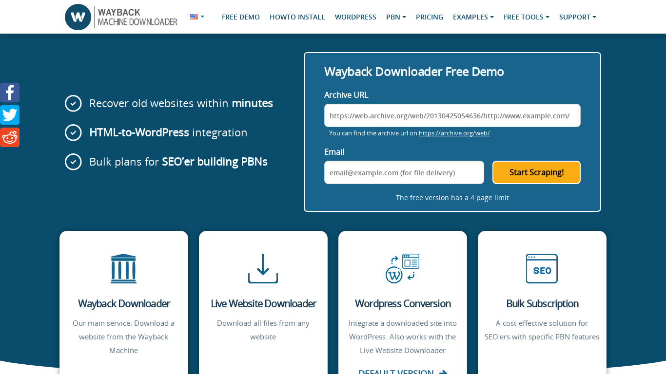 Wayback Machine Downloader by wayback2hosting Landing page