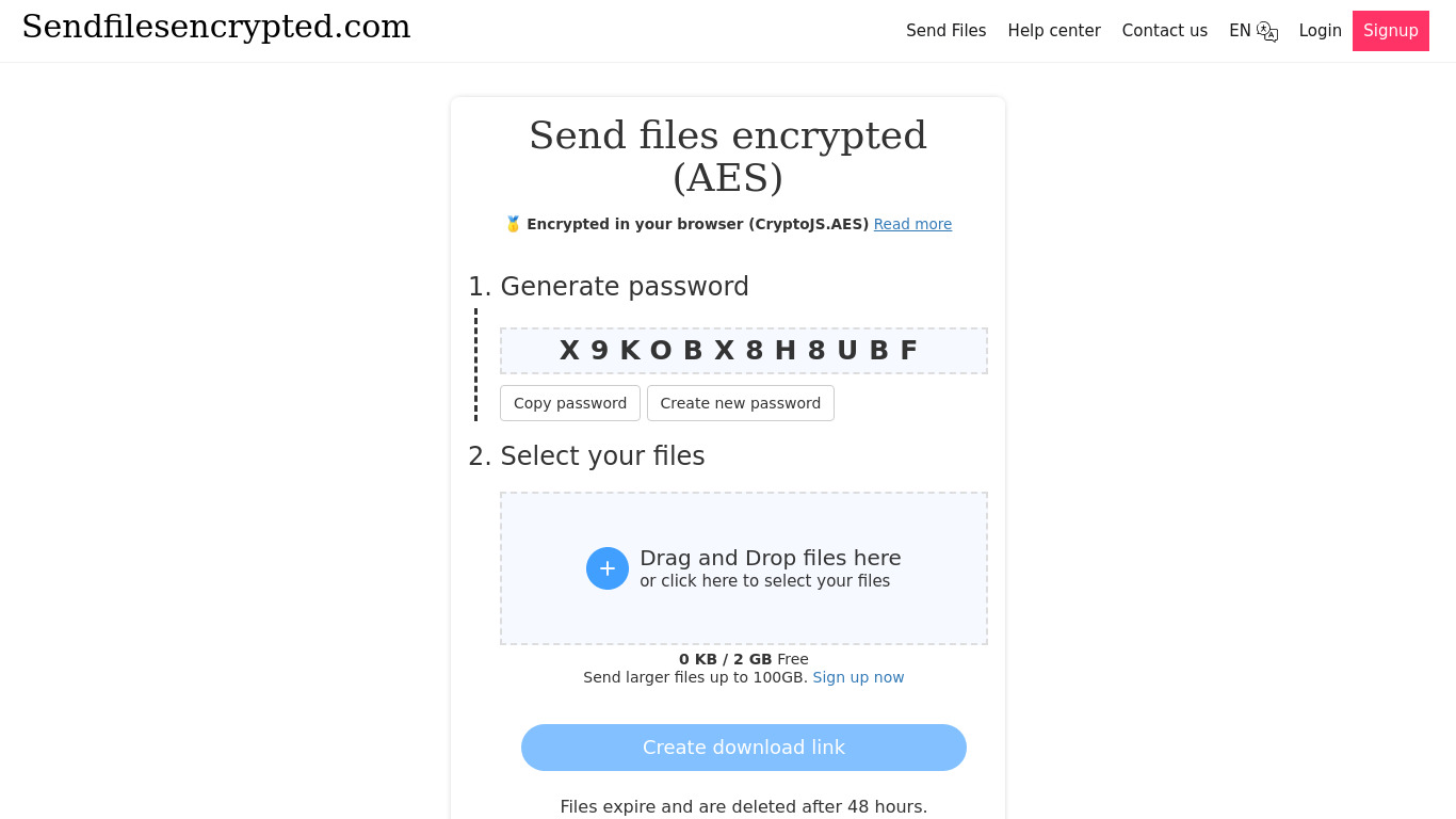 Send Files Encrypted Landing page