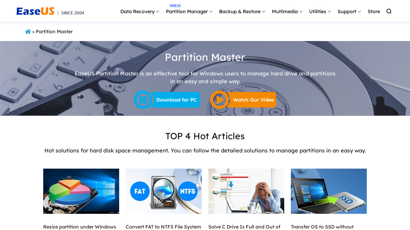 Partition Master Landing page