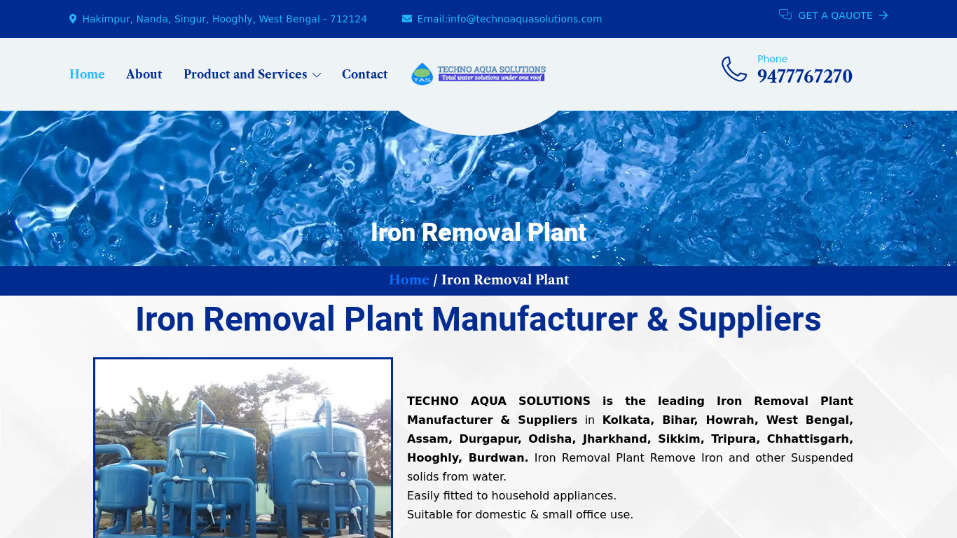 Iron Removal Plant Landing page