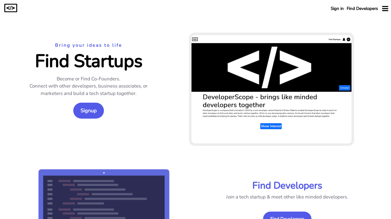DeveloperScope Landing page