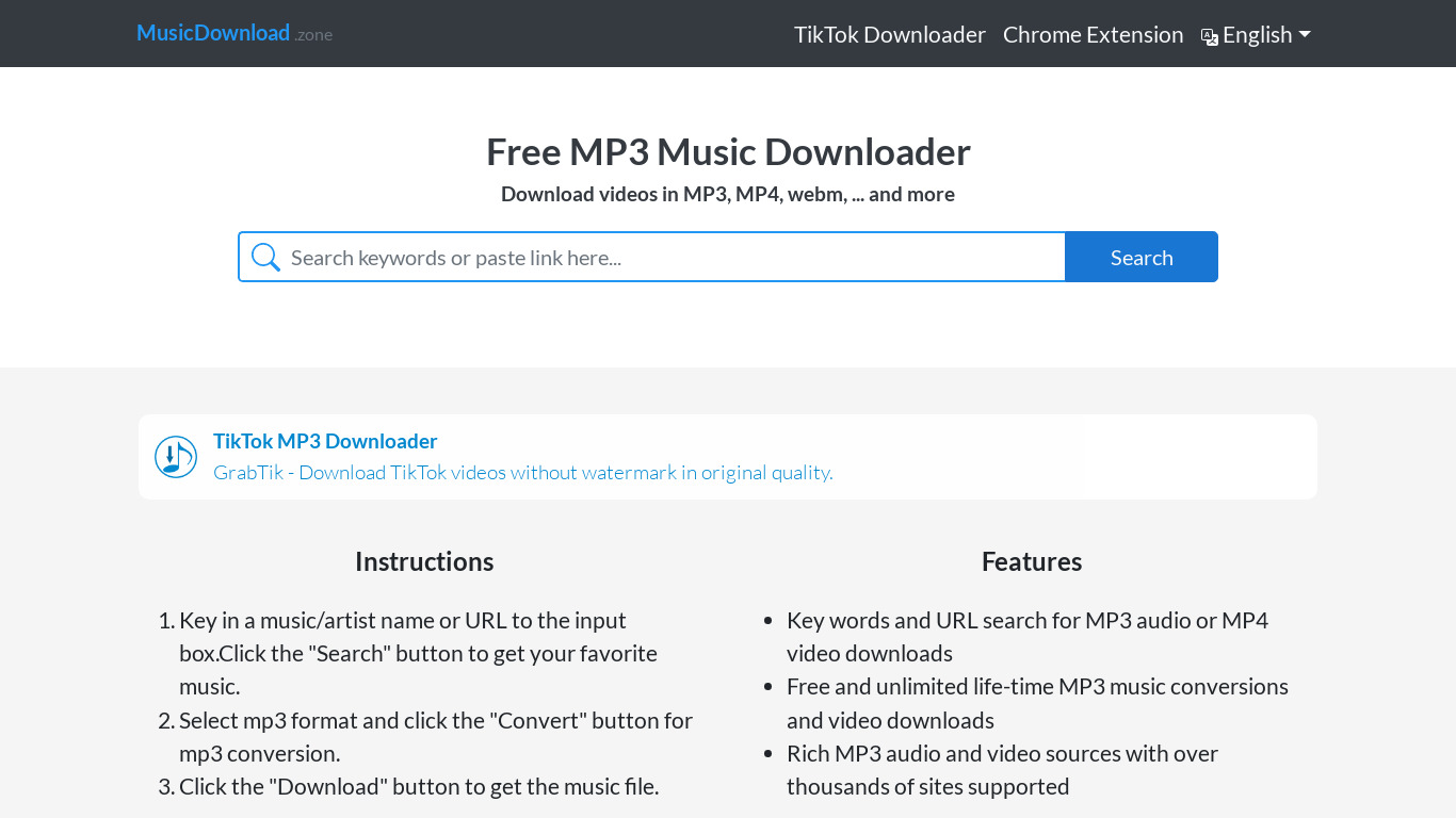 Mp3 Music Downloader Landing page