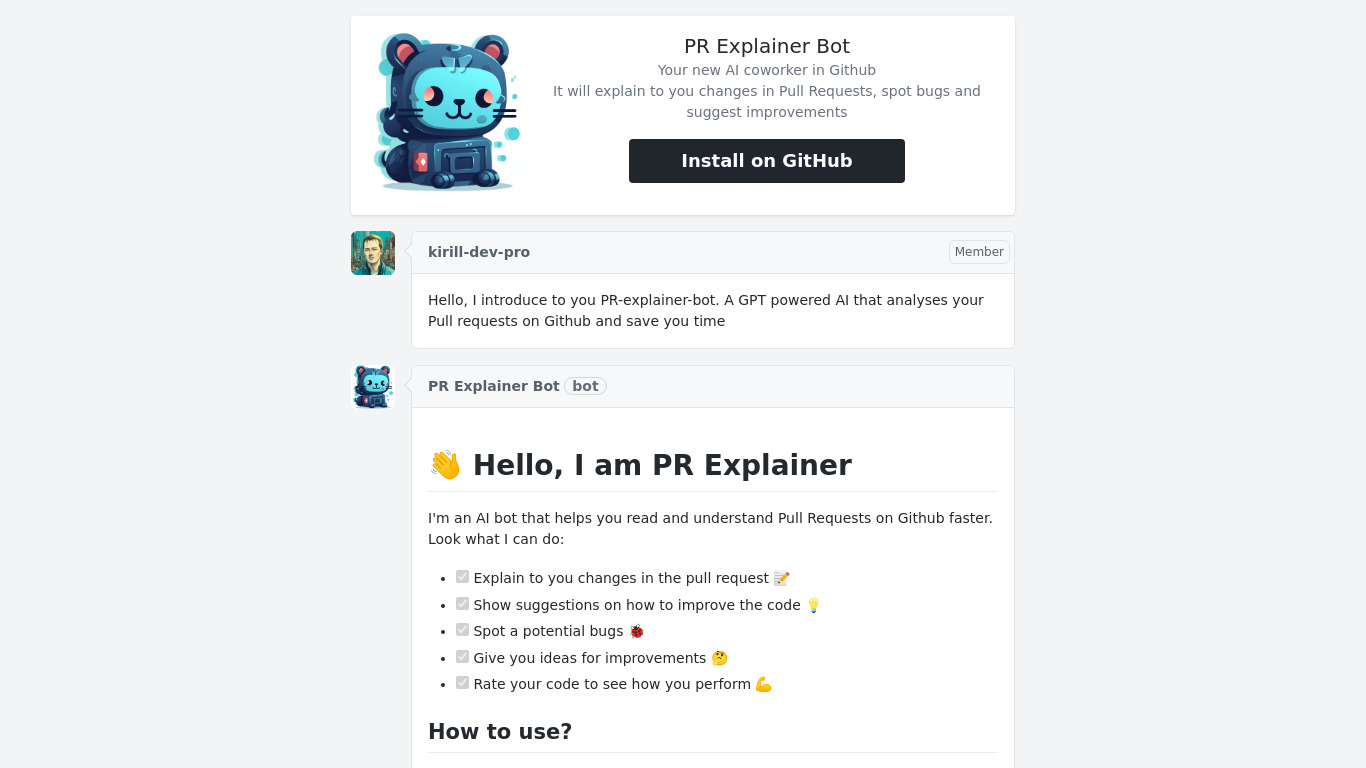 PR Explainer Bot Landing page
